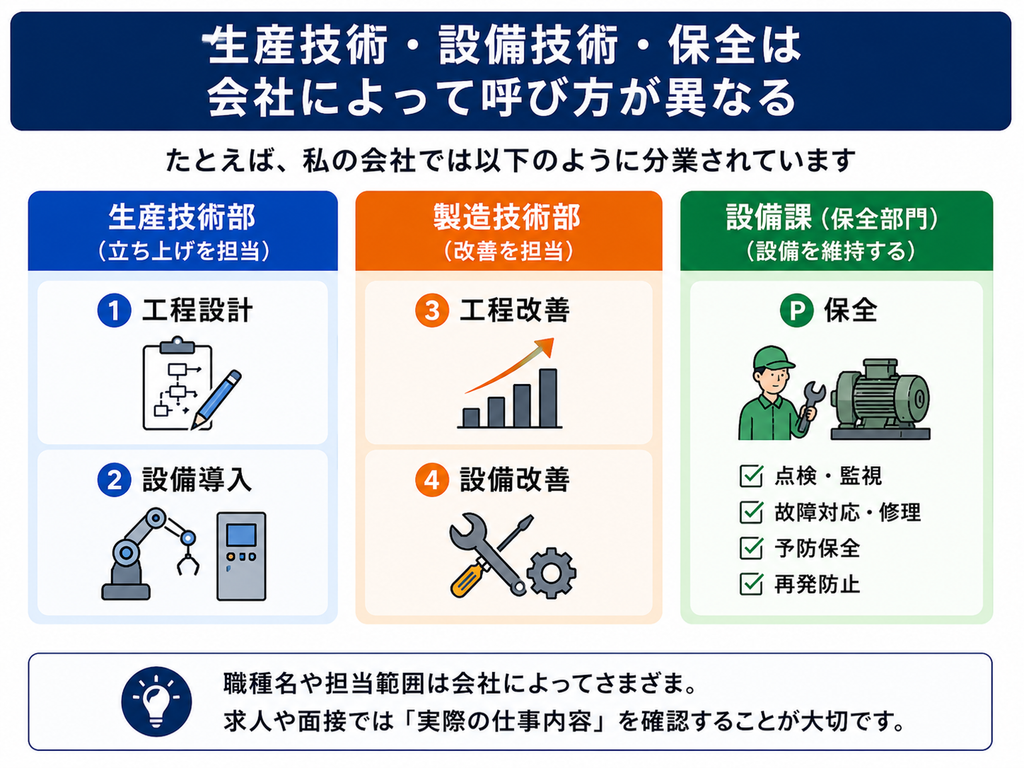 生産技術、設備技術、保全は会社によって呼び方が異なる
