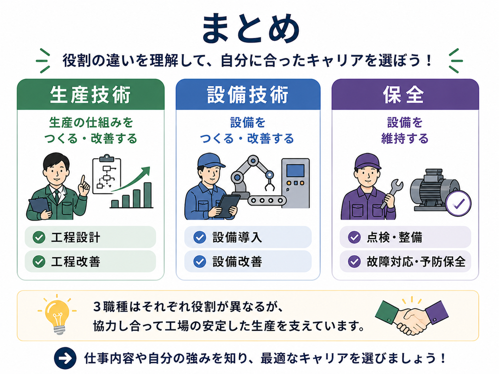 まとめ:生産技術、設備技術、保全の違いを理解して自分にあったキャリアを選ぼう