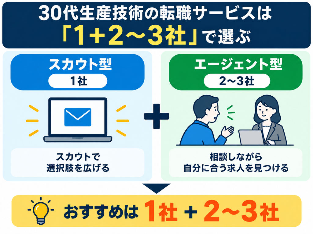 生産技術の転職サービスはスカウト型1社、エージェント型2〜3社で選ぶ